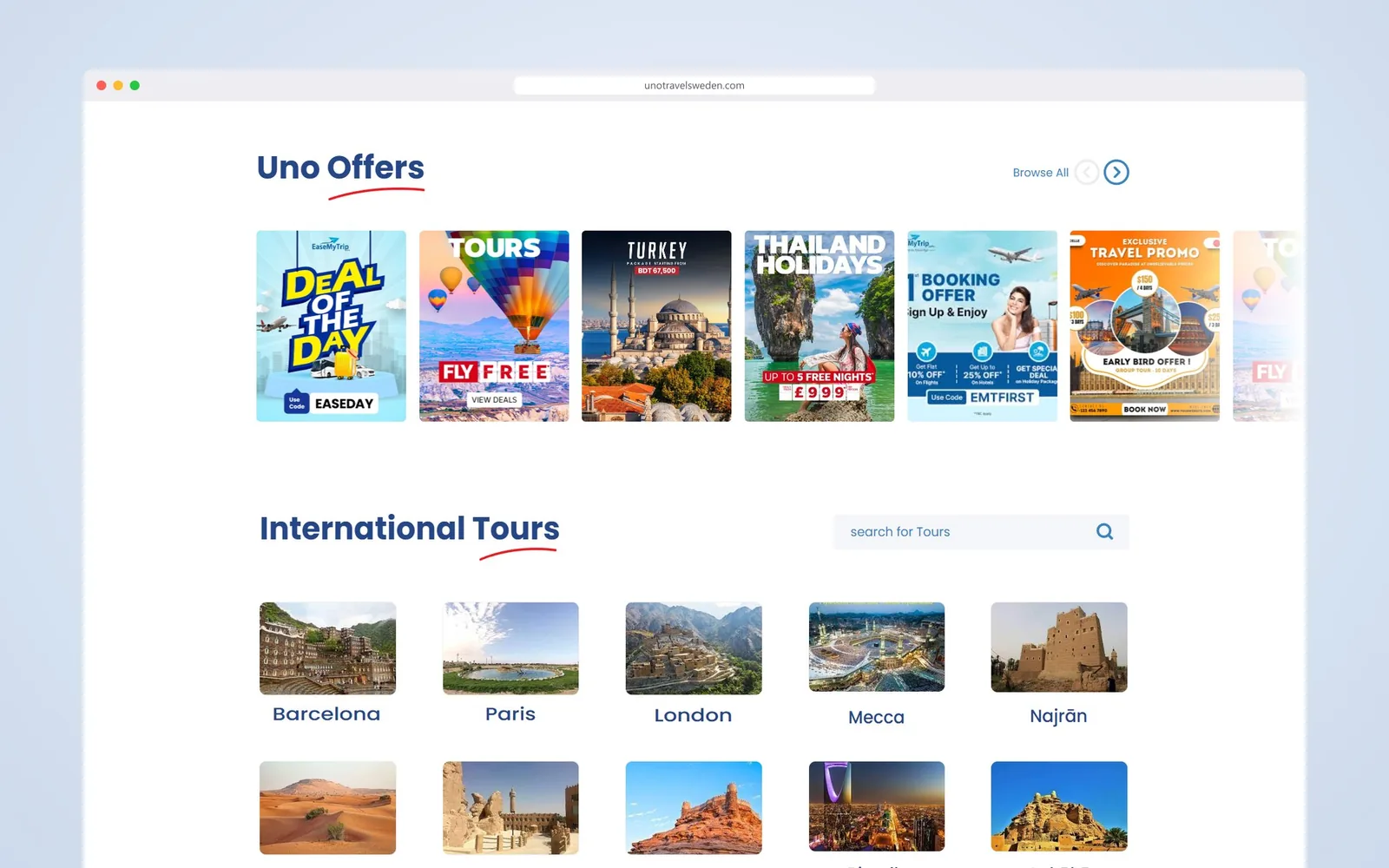 Uno Travel international tours: offers and a grid of destination cities