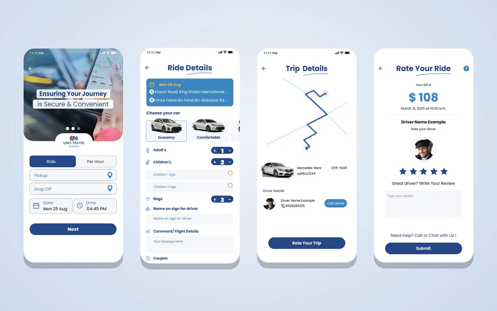 Uno Travel ride booking screens: request, ride details, trip details and rating