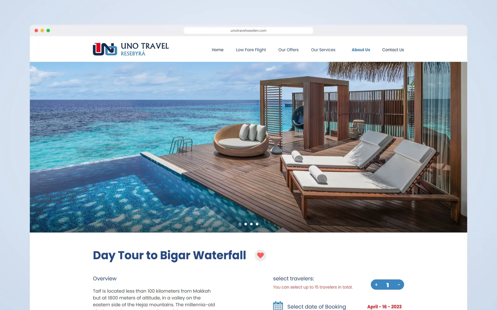 Uno Travel tour page: overview, travellers, date, meeting point or pickup and the booking total