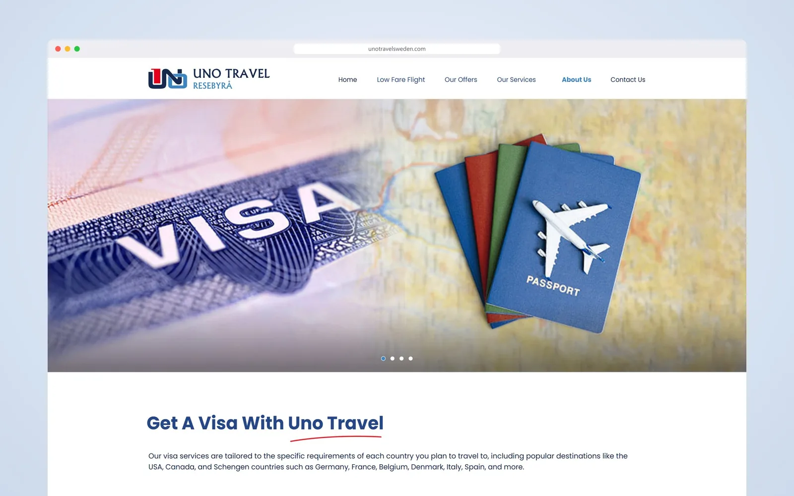 Uno Travel visa services page with the visa request form