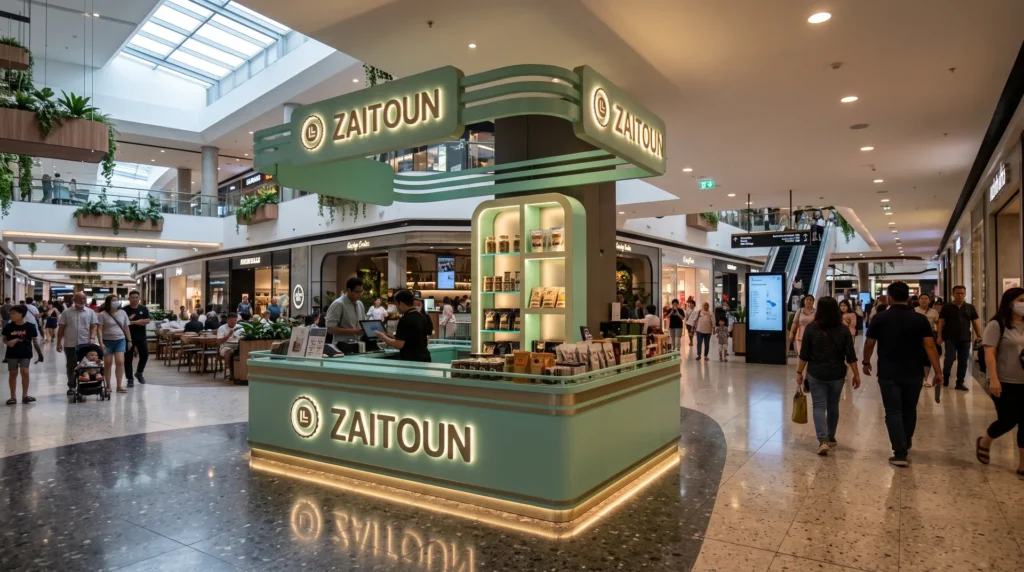 Zaitoun island kiosk visualised in a mall atrium: green counter, lit canopy sign and glass display cabinet